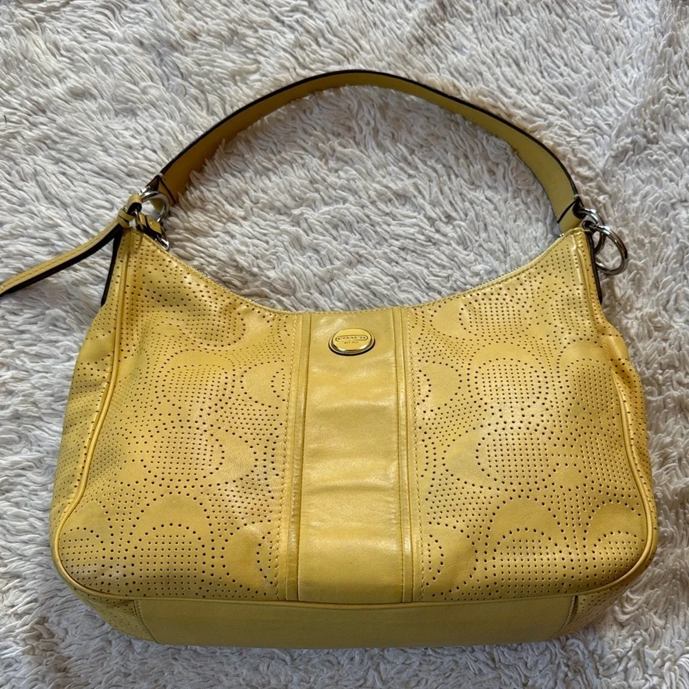 COACH Signature Stripe Convertible Hobo Bag YelowPerforated Leather F23241